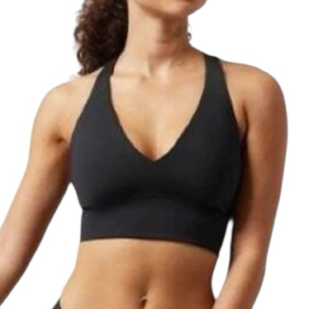ATHLETA black longline plunge Wirefree cross back tie back swim top size XS NWOT